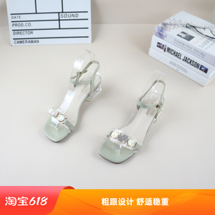 06夏季新款撤柜粗跟水晶跟露趾一字带珍珠搭扣韩版仙女风女凉鞋