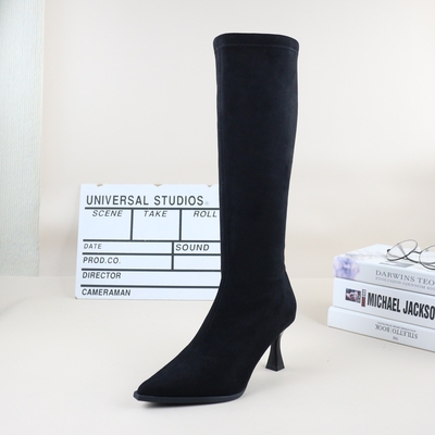 秋冬加绒尖头高跟显瘦女骑士靴