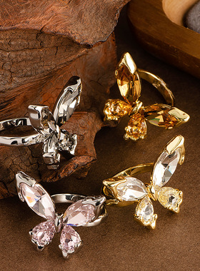 亚马逊跨境时尚镶钻水晶蝴蝶开口戒指女时髦大气高级感可调节手饰