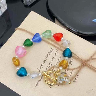 新款彩色玻璃爱心珍珠手链穆拉诺多巴胺夏天ins风手串女