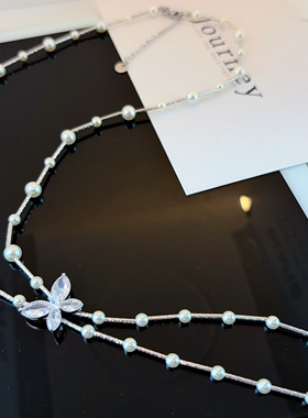 新款法式珍珠水钻蝴蝶项链女多层串珠高级感百搭装饰链