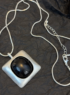 欧美银色方形黑色石材吊坠项链男女通用长款金属链饰品