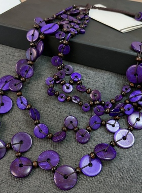 韩版紫色贝壳片多层串珠项链女时尚手工制作锁骨链饰品
