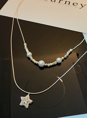 新款韩式镶钻五角星星项链女简约叠戴锁骨链金属吊坠颈链