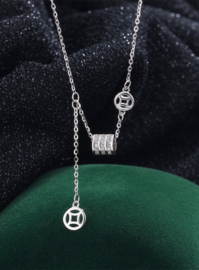 s999足银小蛮腰项链女中国风招财吊坠铜钱颈链流苏锁骨链送礼首选