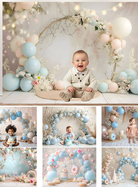 清新粉蓝气球拱门布景周岁写真摄影背景布生日背景墙甜品台装饰布