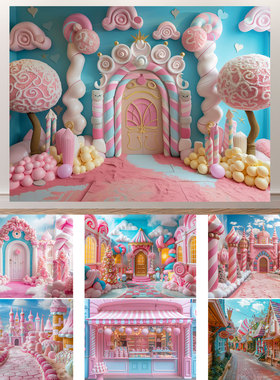 糖果屋粉色城堡公主童话生日布置甜品台装饰拍照背景海报装饰挂布