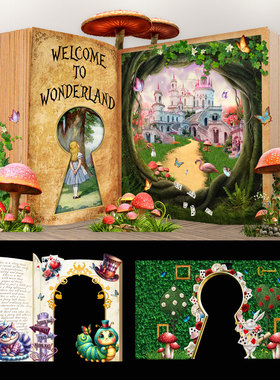 魔法森林梦幻童话森系爱丽丝主题读书会展板装饰KT板生日背景布置
