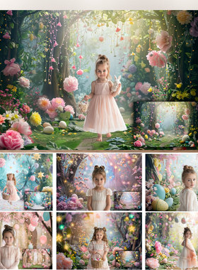 春天梦幻花园森系复活节摄影背景布女孩生日背景墙甜品台装饰布