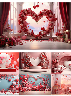 浪漫情人节主题氛围感背景布海报定制爱心粉白气球鲜花挂布布置