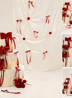 红色蝴蝶结生日快乐蛋糕背景布影楼家用宝宝少女拍摄道具背景布