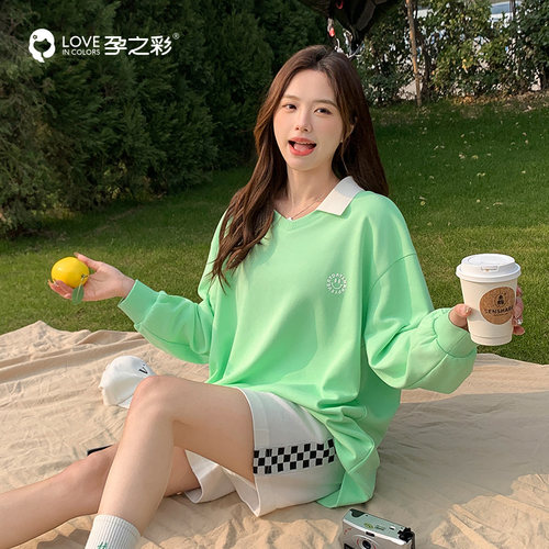 孕之彩孕妇上衣春秋polo领中长款