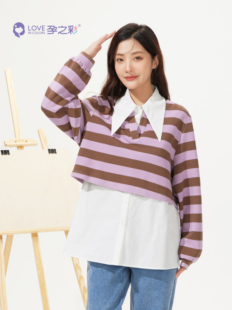 [몰에서도 같은스타일] 임부복 봄가을스타일 셔츠 스트라이프티셔츠 패셔너블한 수유투피스세트