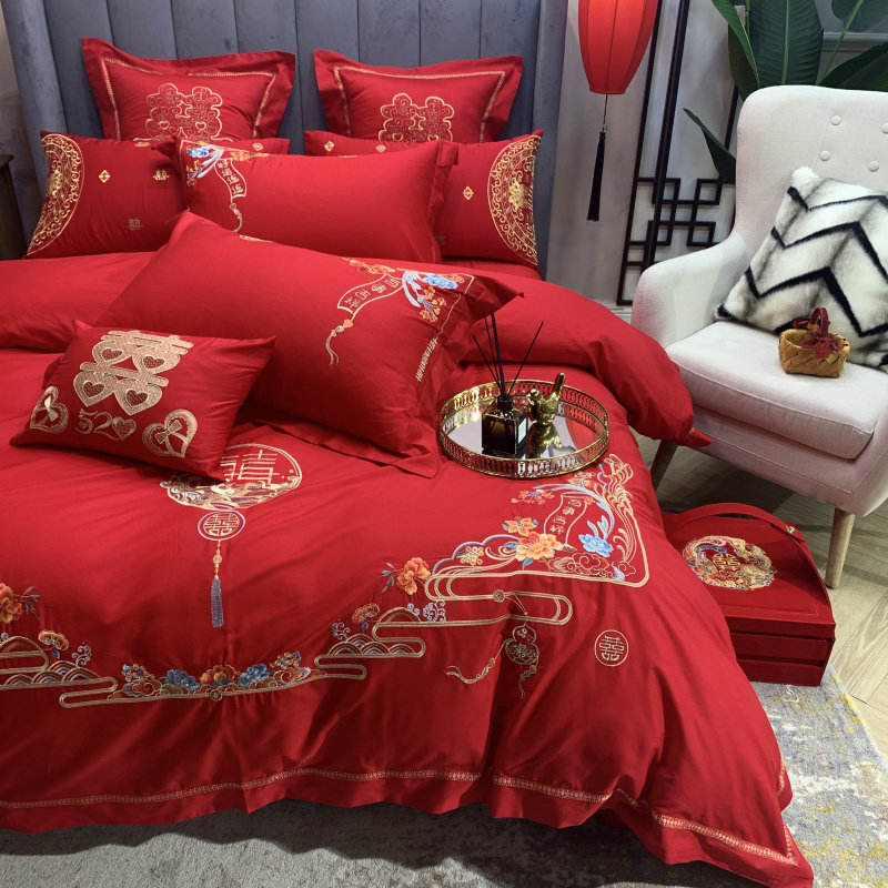 CHINESE-STYLE HIGH-END NEWLYWED DOUBLE HAPPINESS EMBROIDERED COTTON RED WEDDING FOUR-PIECE SET OF WEDDING QUILT BEDDING DOUBLE 1.8M