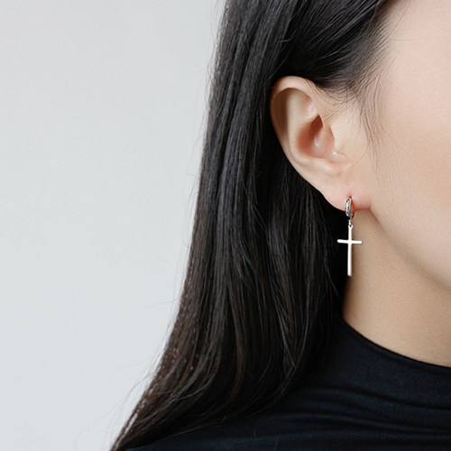 纹砖极简光面十字架纯银耳圈