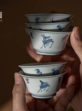 【赋山叙官方】青花蝠鹿五客杯手绘青花单杯客人品茗杯小茶杯套装