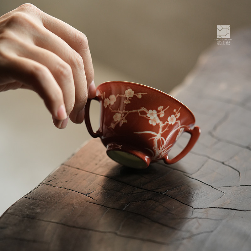【赋山堂官方】红上红梅兰双耳杯手绘主人杯单杯陶瓷功夫茶具茶杯