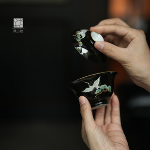 黛墨松鹤盖碗单个手绘粉彩陶瓷功夫泡茶器两才不烫手 赋山叙官方
