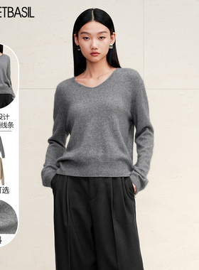 Sweet Basil/紫淑商场同款纯色V领毛针织衫女2024秋新款内搭上衣
