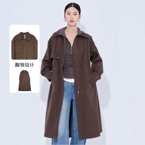 紫淑秋季翻领长款棕色女风衣