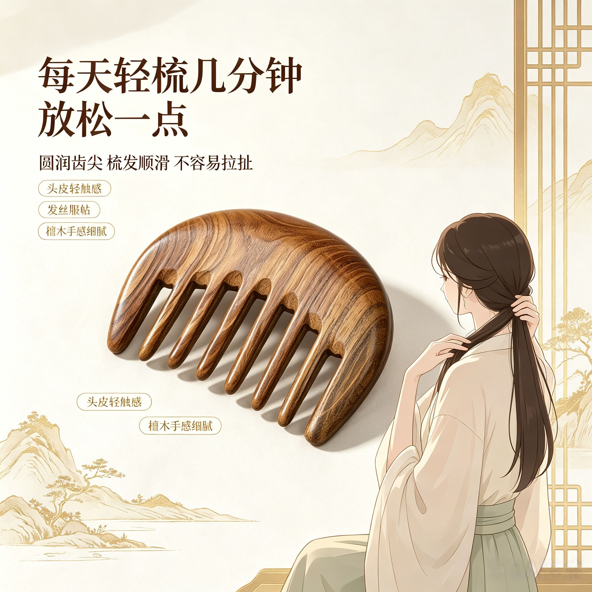 国风绿檀实木顺发防静电按摩梳