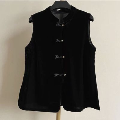 卡轩伊新款中国风黑色真丝绒马甲女金丝绒新中式盘扣上衣马夹潮