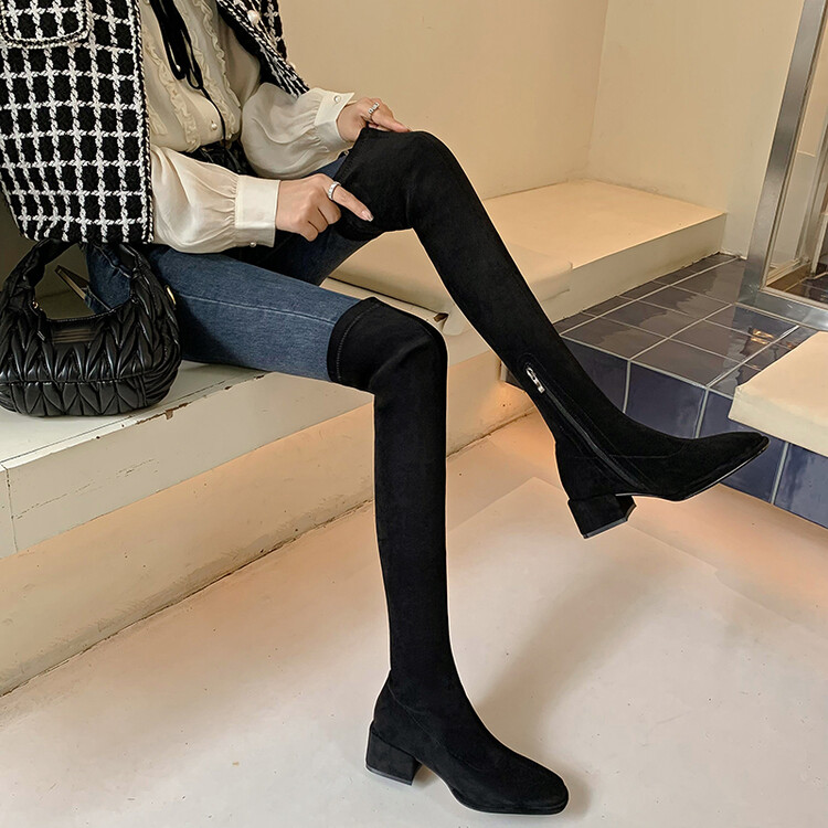 弹力靴粗跟长靴欧美靴子方头显瘦