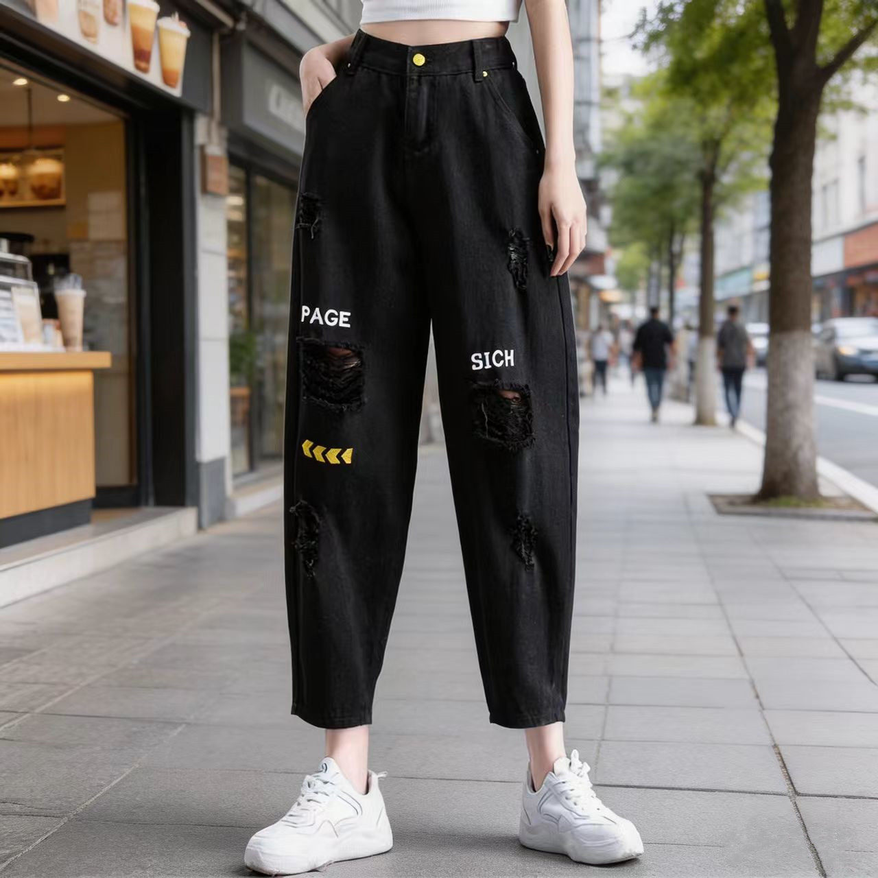 破洞牛仔裤女2026年新款春秋萝卜裤子宽松老爹裤哈伦裤女裤九分裤