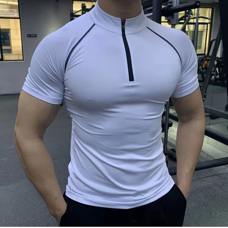 新款健身服男士高弹紧身速干衣跑步立领半拉链男款运动短袖
