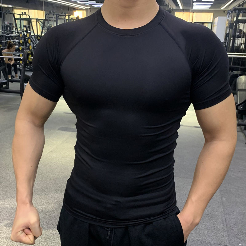 男款夏季运动紧身衣纯色短袖篮球服田径健身衣跑步运动速干T恤