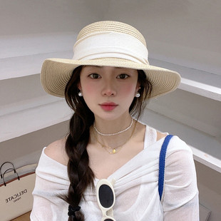 草帽2025年春夏新款平顶礼帽草帽沙滩帽女海边遮阳帽平檐法式帽子