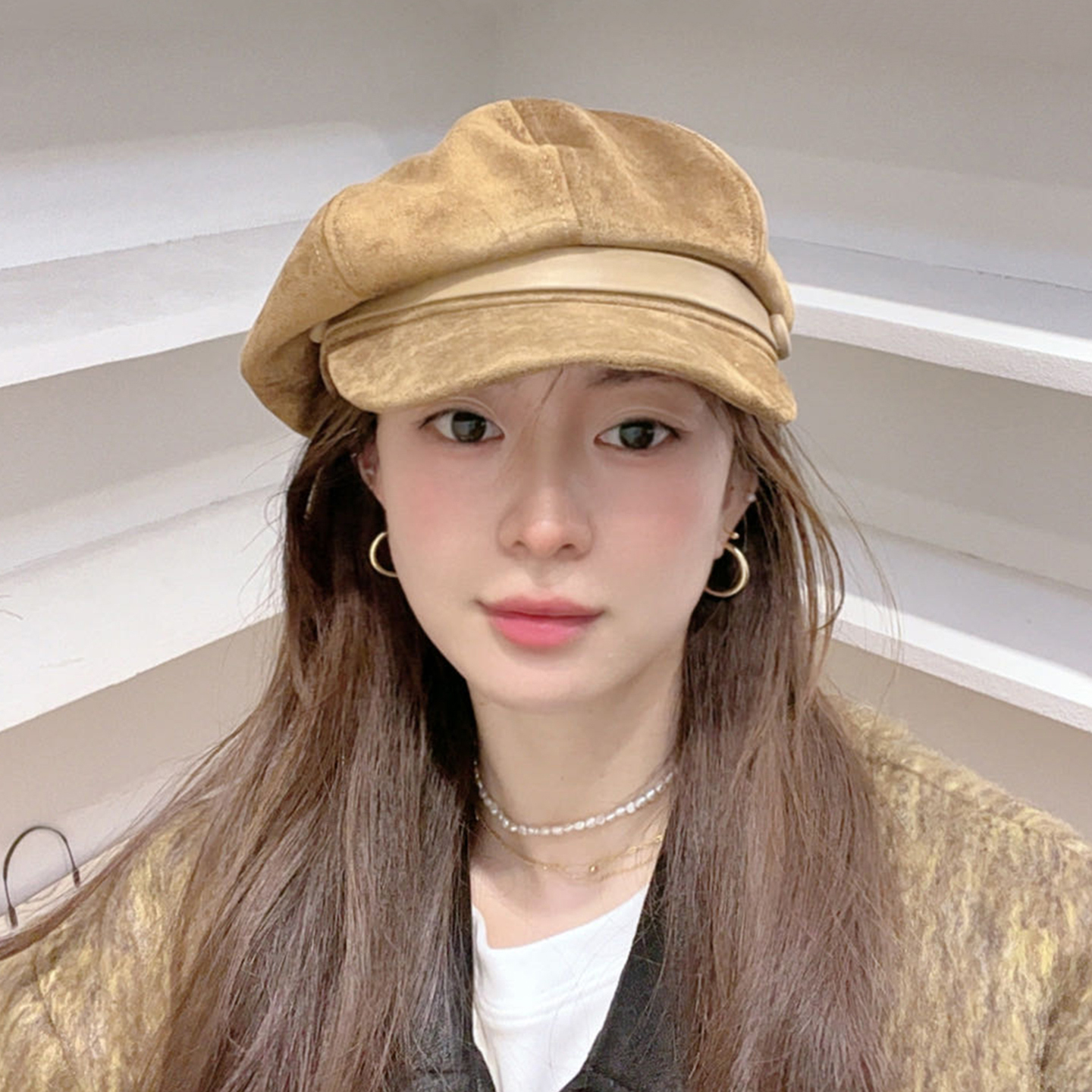 韩版麂皮绒面贝雷帽子女秋冬复古皮带扣报童帽显脸小八角帽画家帽