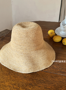 可折叠拉菲草帽透气不闷头 渔夫帽简约百搭法式度假遮阳帽大夏季