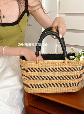 出口日本文艺复古手提草编包日系简约休闲托特编织包海边度假女包