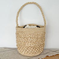 French retro vacation style raffite grass hand-woven bucket bag, beach bag, single-shoulder hand-held straw woven bag for summer thumbnail 5