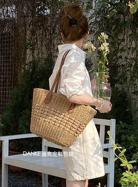 2023韩版简约休闲单肩草编包大容量 海边度假沙滩包托特编织包夏