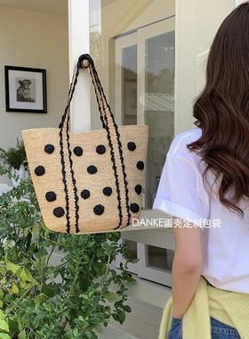 ins博主同款韩版手提单肩草编包 手工拉菲草波点编织包度假沙滩包