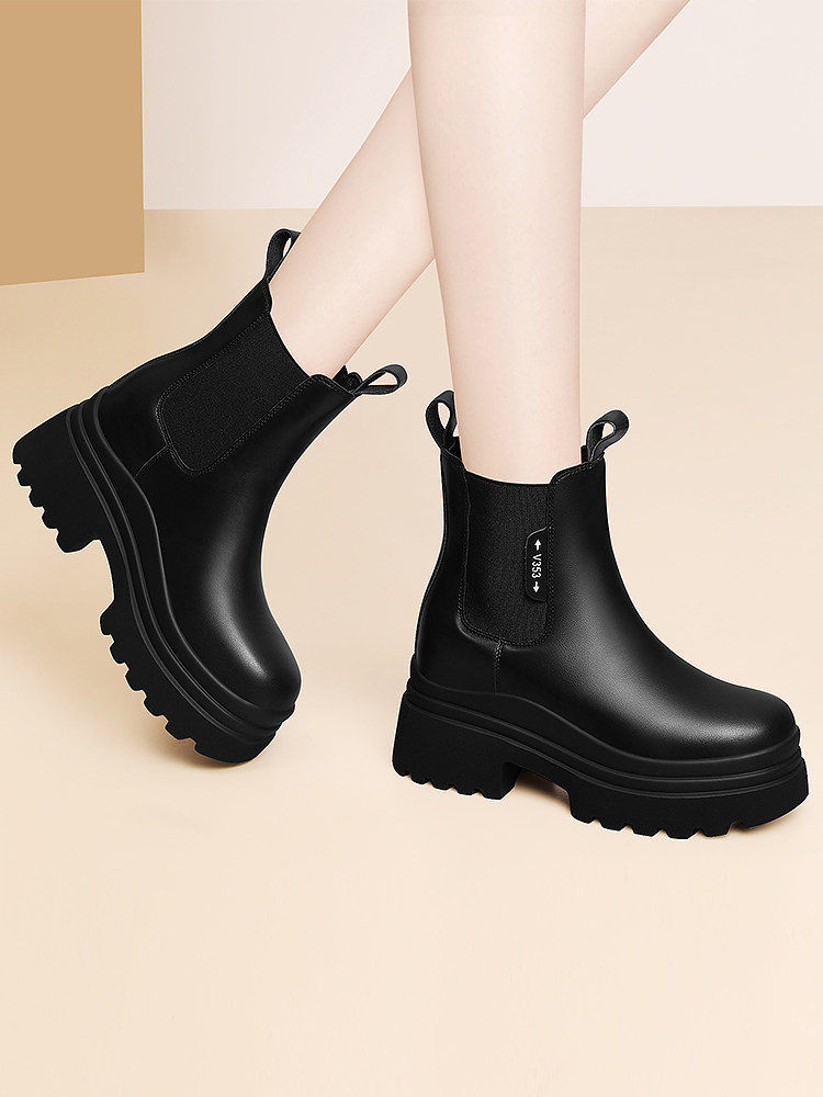 CHELSEA BOOTS WOMENS AUTUMN WINTER BLACK PLATFORM PILE BLOCK HEEL CHIMNEY MARTIN BOOTS SMALL MAN HEIGHTENED LEATHER
