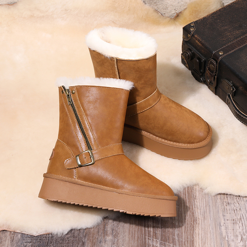 OL羊毛雪地靴女高筒新款冬季加绒加厚保暖中筒防滑抗寒拉链女棉鞋
