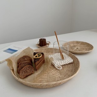 TAN 饰 INS韩国复古藤编果盘托盘收纳盘手工编织摄影道具家具装