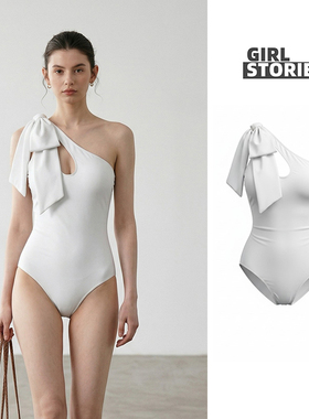 小香风法式高级感单肩蝴蝶结连体泳衣女白色时尚度假泳衣女