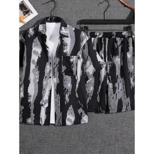 男女两件套沙滩水墨速干扎染海边度假直筒半截夏季 袖 衬衫 短裤 套装
