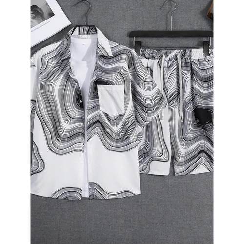 夏威夷沙滩花衬衫短袖套装男士宽松大码港风复古冰丝衬衣外套情侣