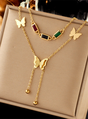 韩版时尚彩色钻双层光面磨砂立体蝴蝶流苏锁骨链气质百搭项链