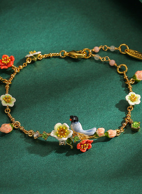 原创时尚珐琅彩釉报喜鸟白色花朵流苏可调手链手绘喜鹊小鸟手饰女