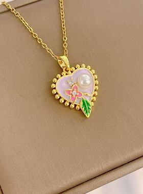 中古油画感爱心香芋紫滴釉珍珠项链复古宫廷风毛衣链树叶花朵