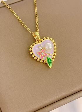 中古油画感爱心香芋紫滴釉珍珠项链复古宫廷风毛衣链树叶花朵