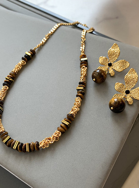 天然虎眼石美拉德风秋冬长款毛衣链女真金电镀感轻奢小众项链