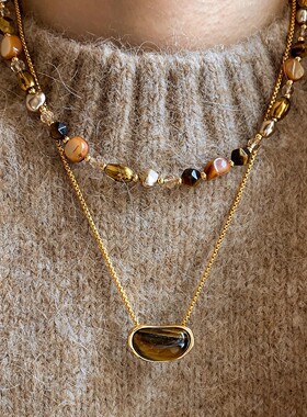 天然虎眼石吊坠项链女配饰长款轻奢小众感美拉德叠戴毛衣链