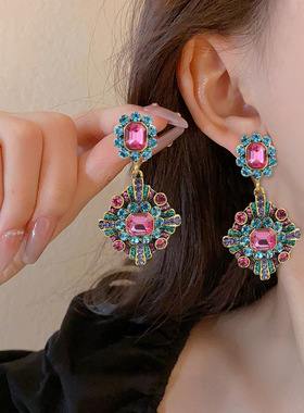 中古风vintag沙镀做旧宝石长耳环感古法重工几何形锆石长耳坠